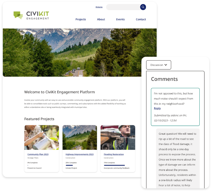 Screenshots of a CiviKit website displayed on desktop and mobile screens